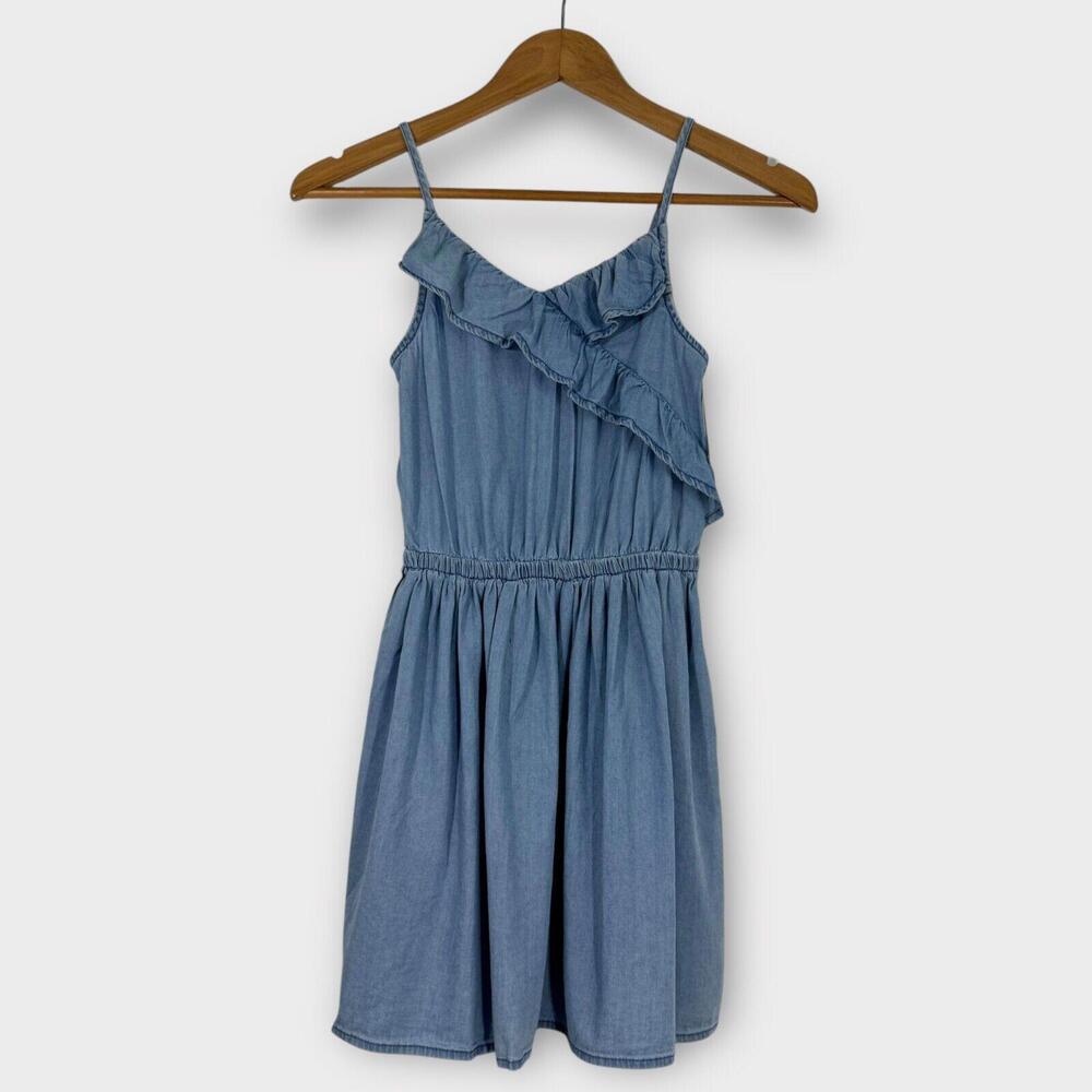 OshKosh B’gosh Girl’s Size 8 Solid Blue Chambray Denim Ruffle Dress New